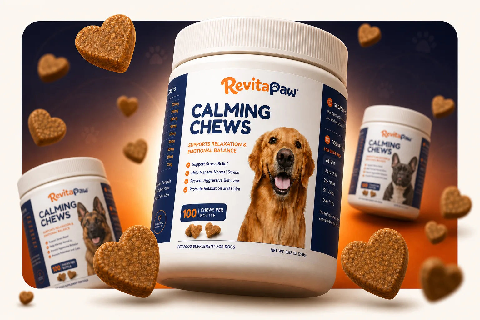 RevitaPaw Calming Chews tub with heart-shaped chews
